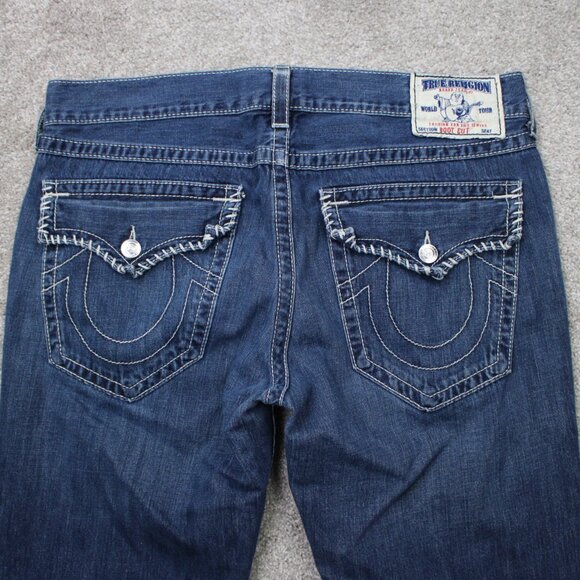 True Religion Boot cut Jeans Mens 38 Blue Bootcut Thick Stitch Denim 28" inseam - Picture 9 of 15
